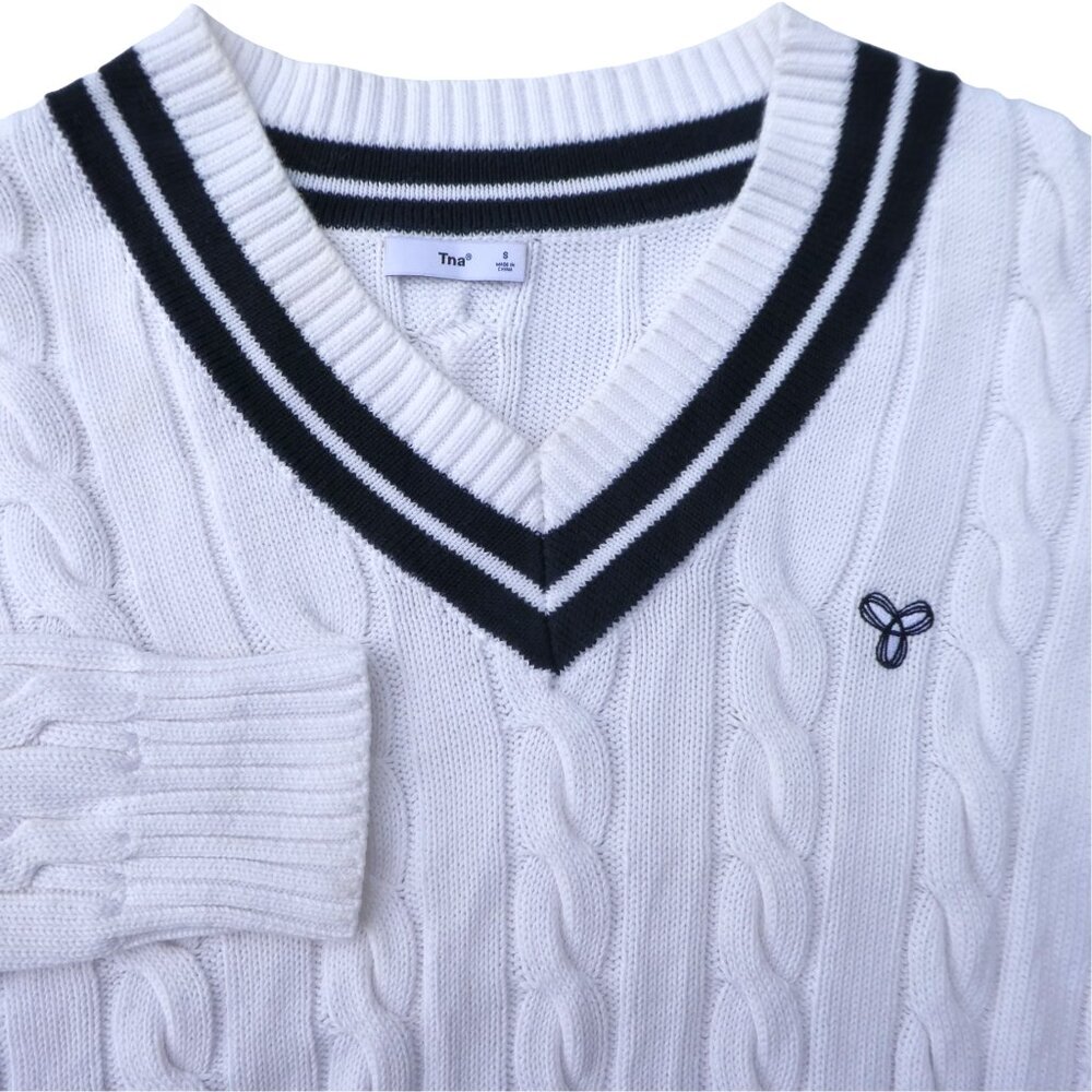 TNA White Varsity Tennis 3D Cable Knit Sweater V Neck Pullover Cotton Blend S